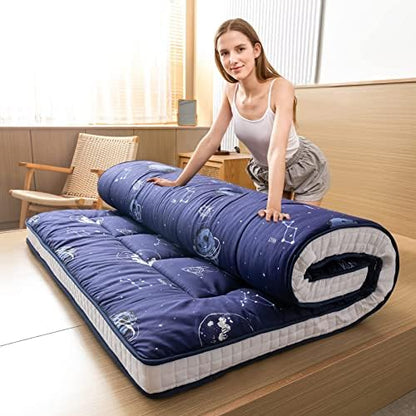 MAXYOYO Black Moon and Star Futon Mattress, Japanese Floor Mattress Quilted Bed Mattress Topper, Extra Thick Folding Sleeping Pad Breathable Floor Lounger Guest Bed for Camping Couch, Twin