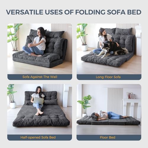 MAXYOYO Bean Bag Bed Tufted Folding Sofa Bed with Pillows, Extra Thick and Long Floor Mattress for Adults, Single Couch Bed for Bedroom Living Room, Beige, 30x91 Inch
