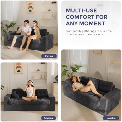 MAXYOYO Bean Bag Chair for Adults, Upholstered Floor Sofa with Armrests, Loveseat Boneless Couch with Tufted Cushion &amp; Backrest, Sofa in A Box, Large Bean Bag Couch for Bedroom Living Room, Black
