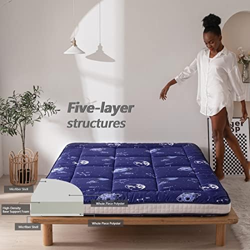 MAXYOYO Black Moon and Star Futon Mattress, Japanese Floor Mattress Quilted Bed Mattress Topper, Extra Thick Folding Sleeping Pad Breathable Floor Lounger Guest Bed for Camping Couch, Twin
