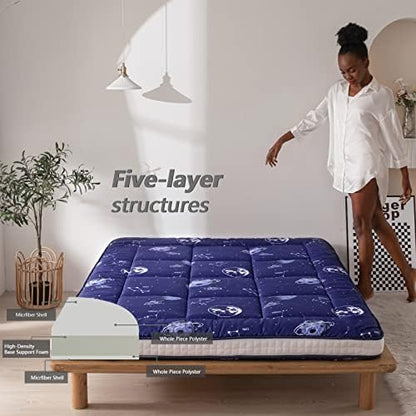 MAXYOYO Black Moon and Star Futon Mattress, Japanese Floor Mattress Quilted Bed Mattress Topper, Extra Thick Folding Sleeping Pad Breathable Floor Lounger Guest Bed for Camping Couch, Twin