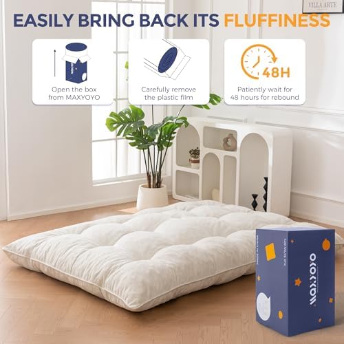 MAXYOYO Japanese Floor Mattress Full Size, 6" Foldable Futon Mattress Tufted Roll Up Floor Bed, Thick Chenille Tatami Mat Sleeping Pad for Camping Guest Room Dormitory Bedroom RV, Navy
