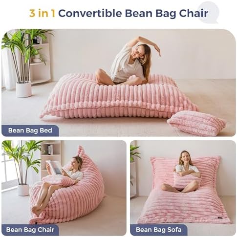 MAXYOYO Giant Bean Bag Chair with Pillow, 3 in 1 Convertible Bean Bag Chair for Adults with Removable Cover, Floor Cushion Stuffed Floor Lounger for Living Room Bedroom, Grey