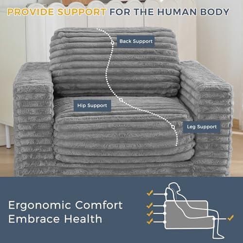 MAXYOYO Giant Bean Bag Chair for Adults, Upholstered Loveseat Floor Sofa with Pillows and Armrests, Large Bean Bag Sofa Plush Chair Bean Bag Couch for Bedroom Living Room, Grey