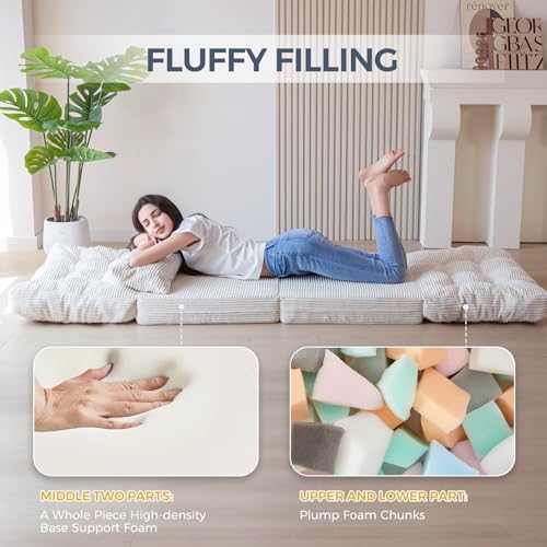 MAXYOYO Bean Bag Bed Tufted Folding Sofa Bed with Pillows, Extra Thick and Long Floor Mattress for Adults, Single Couch Bed for Bedroom Living Room, Beige, 30x91 Inch