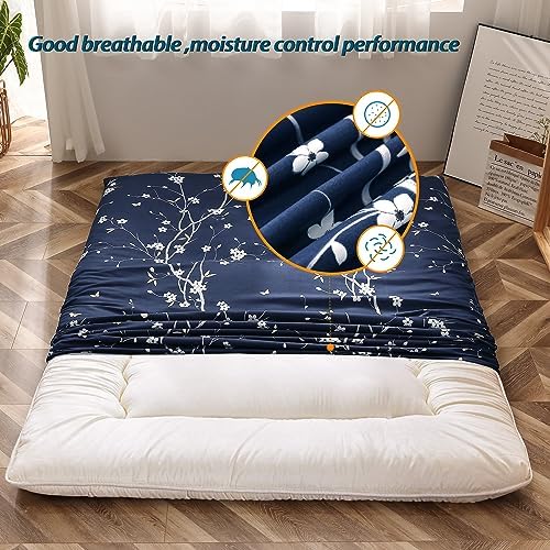 MAXYOYO Mattress Cover for Traditional Japanese Futon Mattress, Futon Floor Mats Cover with Zipper, Super Soft and Machine Washable, Navy Floral, Twin