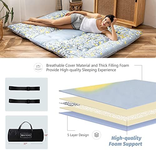 MAXYOYO Japanese Futon Mattress Floor Mattress Sleeping Pad Foldable Bed Roll Up Camping Cushion Floor Lounger Bed Couches and Sofas Couch Topper, Black Floral, Full Size