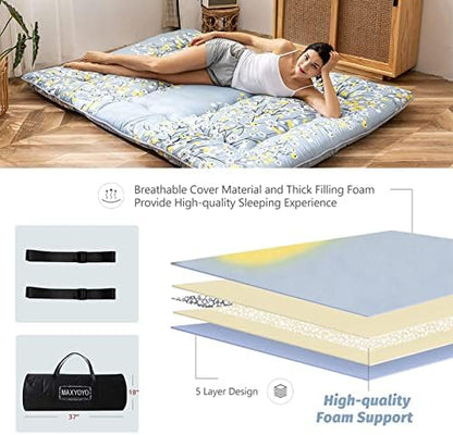 MAXYOYO Japanese Futon Mattress Floor Mattress Sleeping Pad Foldable Bed Roll Up Camping Cushion Floor Lounger Bed Couches and Sofas Couch Topper, Black Floral, Full Size