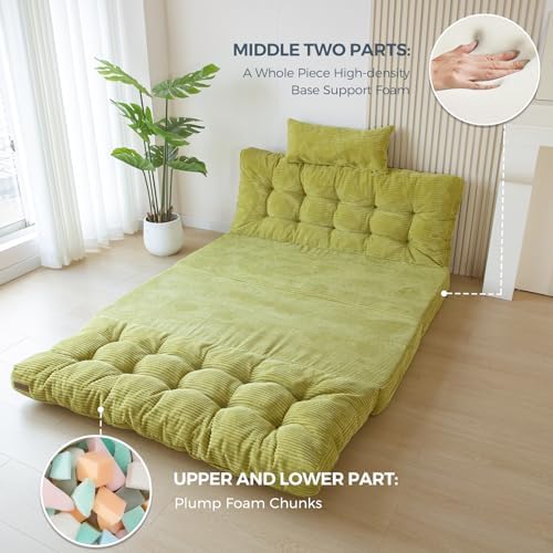 MAXYOYO Bean Bag Bed Tufted Folding Sofa Bed with Pillows, Extra Thick and Long Floor Mattress for Adults, Single Couch Bed for Bedroom Living Room, Beige, 30x91 Inch