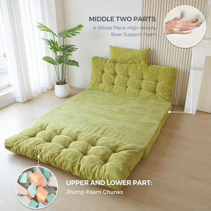 MAXYOYO Bean Bag Bed Tufted Folding Sofa Bed with Pillows, Extra Thick and Long Floor Mattress for Adults, Single Couch Bed for Bedroom Living Room, Beige, 30x91 Inch