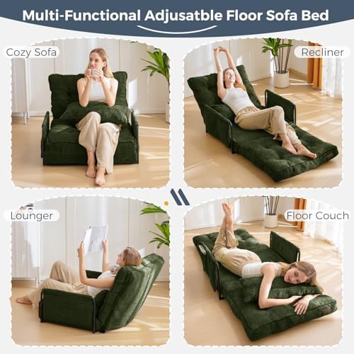 MAXYOYO Adjustable Floor Sofa Couch with Pillow, Multi-Functional Bean Bag Bed, 5-Position Foldable Lazy Sofa Sleeper Bed with Armrest, Versatile Floor Seating for Reading Gaming, Green, Single