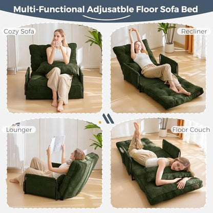 MAXYOYO Adjustable Floor Sofa Couch with Pillow, Multi-Functional Bean Bag Bed, 5-Position Foldable Lazy Sofa Sleeper Bed with Armrest, Versatile Floor Seating for Reading Gaming, Green, Single