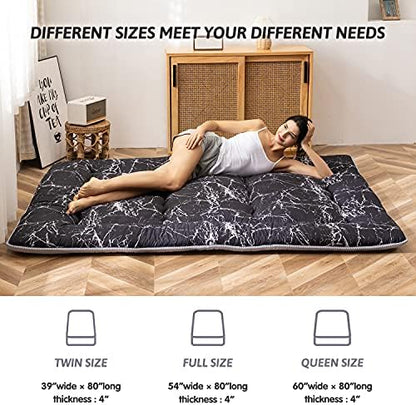 MAXYOYO Japanese Futon Mattress Floor Mattress Sleeping Pad Foldable Bed Roll Up Camping Cushion Floor Lounger Bed Couches and Sofas Couch Topper, Black Floral, Full Size