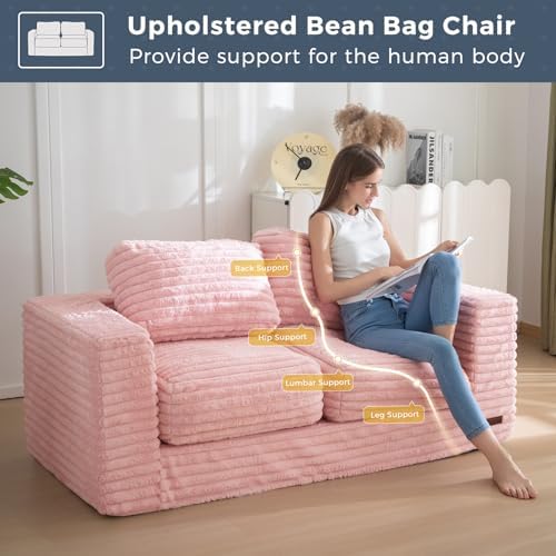 MAXYOYO Giant Bean Bag Chair for Adults, Upholstered Loveseat Floor Sofa with Pillows and Armrests, Large Bean Bag Sofa Plush Chair Bean Bag Couch for Bedroom Living Room, Grey