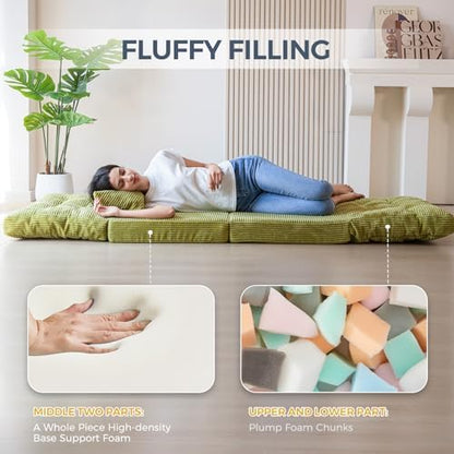 MAXYOYO Bean Bag Bed Tufted Folding Sofa Bed with Pillows, Extra Thick and Long Floor Mattress for Adults, Single Couch Bed for Bedroom Living Room, Beige, 30x91 Inch