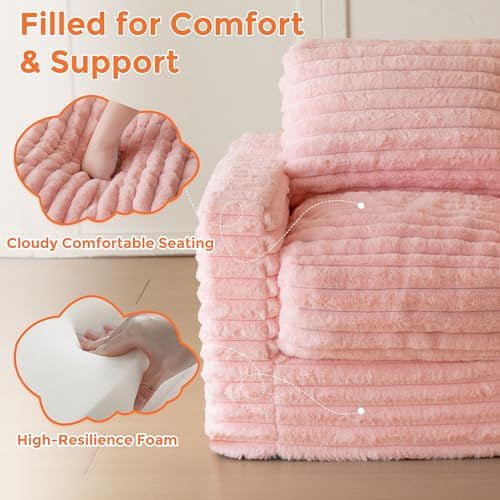 MAXYOYO Kids Bean Bag Chair, Comfy Faux Fur Bean Bag Sofa with Filler, Upholstered Floor Sofa with Pillows and Armrests, Lazy Floor Chair Couch for Boys and Girls, Pink