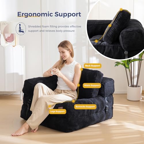 MAXYOYO Folding Sofa Bed, L-Shaped Convertible Sofa Bed with Armrest Foldable Sleeper Sofa with Pillow, Portable Fold Out Chair Bed Comfy Floor Lounge for Living Room Bedroom, Dark Grey