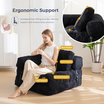 MAXYOYO Folding Sofa Bed, L-Shaped Convertible Sofa Bed with Armrest Foldable Sleeper Sofa with Pillow, Portable Fold Out Chair Bed Comfy Floor Lounge for Living Room Bedroom, Dark Grey