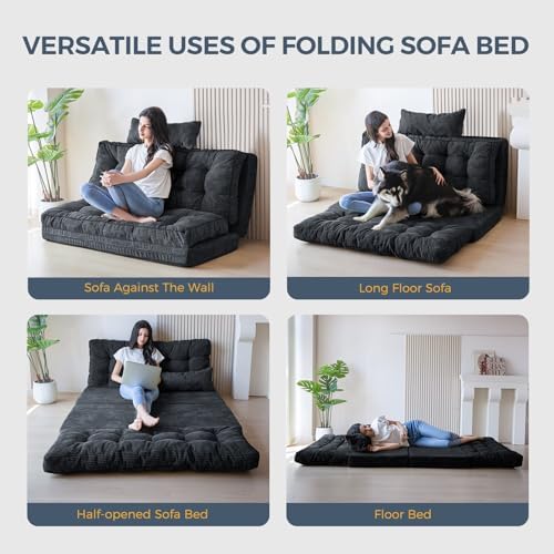 MAXYOYO Bean Bag Bed Tufted Folding Sofa Bed with Pillows, Extra Thick and Long Floor Mattress for Adults, Single Couch Bed for Bedroom Living Room, Beige, 30x91 Inch