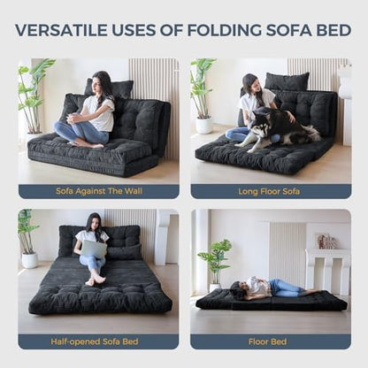 MAXYOYO Bean Bag Bed Tufted Folding Sofa Bed with Pillows, Extra Thick and Long Floor Mattress for Adults, Single Couch Bed for Bedroom Living Room, Beige, 30x91 Inch