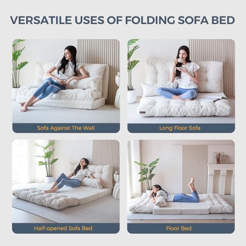 MAXYOYO Bean Bag Bed Tufted Folding Sofa Bed with Pillows, Extra Thick and Long Floor Mattress for Adults, Single Couch Bed for Bedroom Living Room, Beige, 30x91 Inch
