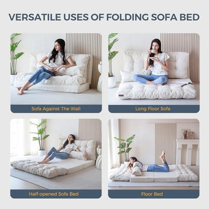 MAXYOYO Bean Bag Bed Tufted Folding Sofa Bed with Pillows, Extra Thick and Long Floor Mattress for Adults, Single Couch Bed for Bedroom Living Room, Beige, 30x91 Inch