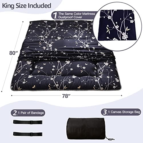 MAXYOYO Japanese Futon Mattress Floor Mattress Sleeping Pad Foldable Bed Roll Up Camping Cushion Floor Lounger Bed Couches and Sofas Couch Topper, Black Floral, Full Size