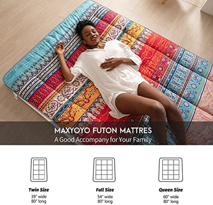 MAXYOYO Black Moon and Star Futon Mattress, Japanese Floor Mattress Quilted Bed Mattress Topper, Extra Thick Folding Sleeping Pad Breathable Floor Lounger Guest Bed for Camping Couch, Twin