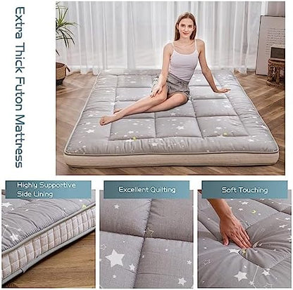 MAXYOYO Black Moon and Star Futon Mattress, Japanese Floor Mattress Quilted Bed Mattress Topper, Extra Thick Folding Sleeping Pad Breathable Floor Lounger Guest Bed for Camping Couch, Twin