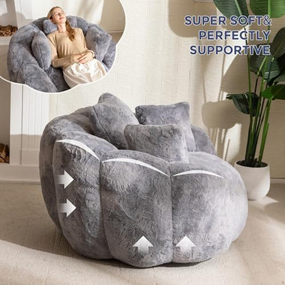 MAXYOYO Bean Bag Chair for Adults, Floral Shaped Bean Bag Sofa, Ultra Soft Faux Fur Floor Sofa, Large Reading Chair for Living Room Bedroom, Beige, Single