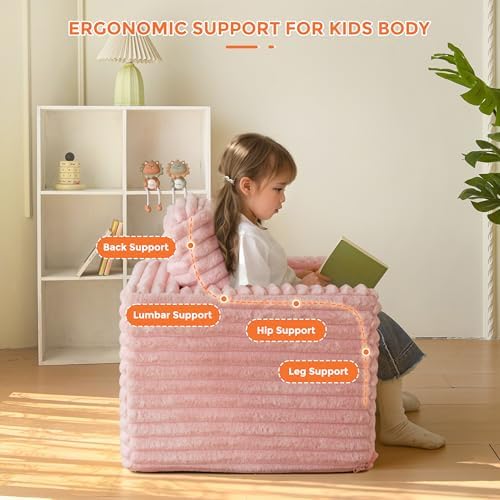 MAXYOYO Kids Bean Bag Chair, Comfy Faux Fur Bean Bag Sofa with Filler, Upholstered Floor Sofa with Pillows and Armrests, Lazy Floor Chair Couch for Boys and Girls, Pink