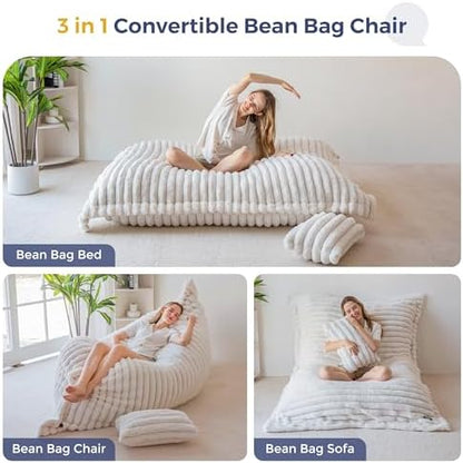 MAXYOYO Giant Bean Bag Chair with Pillow, 3 in 1 Convertible Bean Bag Chair for Adults with Removable Cover, Floor Cushion Stuffed Floor Lounger for Living Room Bedroom, Grey