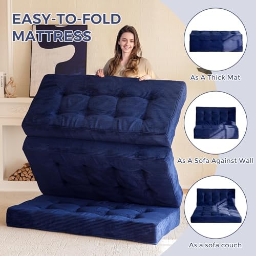 MAXYOYO Tri-Fold Mattress, 6 Inch Tufted Folding Mattress Full Foam Bed, Foldable Floor Couch Guest Bed Topper Portable Camping Sleeper with Corded Fabric, Dark Grey, 53"x75"