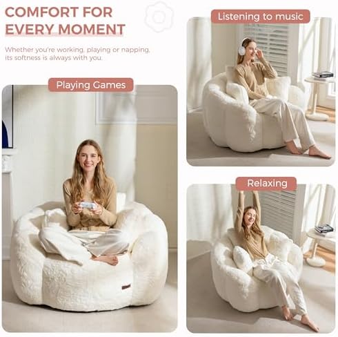 MAXYOYO Bean Bag Chair for Adults, Floral Shaped Bean Bag Sofa, Ultra Soft Faux Fur Floor Sofa, Large Reading Chair for Living Room Bedroom, Beige, Single