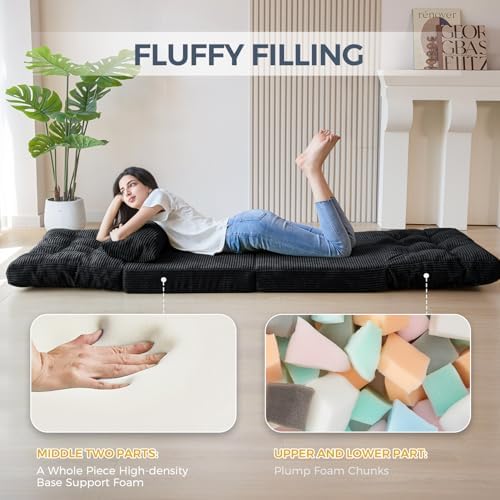 MAXYOYO Bean Bag Bed Tufted Folding Sofa Bed with Pillows, Extra Thick and Long Floor Mattress for Adults, Single Couch Bed for Bedroom Living Room, Beige, 30x91 Inch