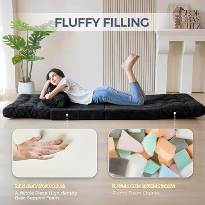 MAXYOYO Bean Bag Bed Tufted Folding Sofa Bed with Pillows, Extra Thick and Long Floor Mattress for Adults, Single Couch Bed for Bedroom Living Room, Beige, 30x91 Inch