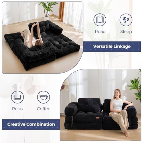 MAXYOYO Folding Sofa Bed, L-Shaped Convertible Sofa Bed with Armrest Foldable Sleeper Sofa with Pillow, Portable Fold Out Chair Bed Comfy Floor Lounge for Living Room Bedroom, Dark Grey