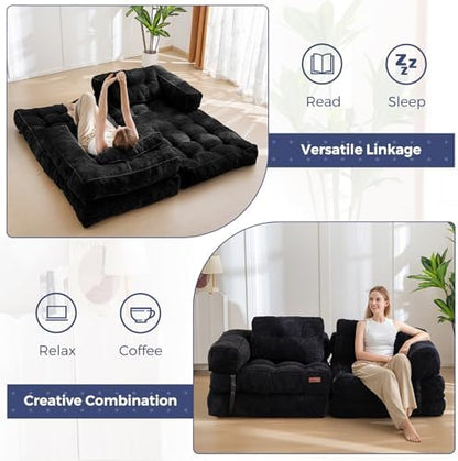 MAXYOYO Folding Sofa Bed, L-Shaped Convertible Sofa Bed with Armrest Foldable Sleeper Sofa with Pillow, Portable Fold Out Chair Bed Comfy Floor Lounge for Living Room Bedroom, Dark Grey