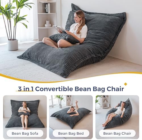 MAXYOYO Giant Bean Bag Chair with Pillow, 3 in 1 Convertible Bean Bag Chair for Adults with Removable Cover, Floor Cushion Stuffed Floor Lounger for Living Room Bedroom, Grey