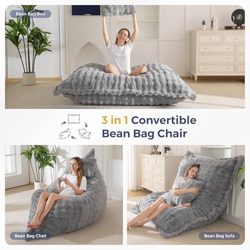 MAXYOYO Giant Bean Bag Chair with Pillow, 3 in 1 Convertible Bean Bag Chair for Adults with Removable Cover, Floor Cushion Stuffed Floor Lounger for Living Room Bedroom, Grey