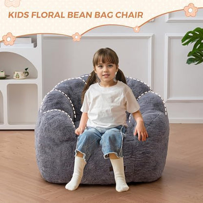 MAXYOYO Kids Bean Bag Chair, Floral Shaped Bean Bag Sofa, Plush Faux Fur Toddler Couch with Petal Backrest for Boys Girls, Stuffed Cozy Sofa for Nursery, Bedroom, Pink