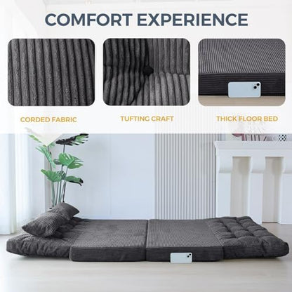 MAXYOYO Bean Bag Bed Tufted Folding Sofa Bed with Pillows, Extra Thick and Long Floor Mattress for Adults, Single Couch Bed for Bedroom Living Room, Beige, 30x91 Inch