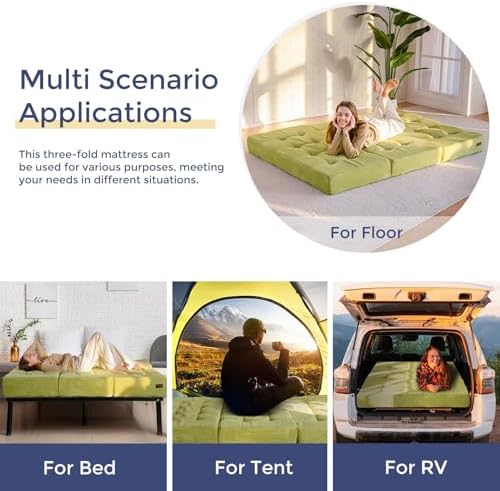 MAXYOYO Tri-Fold Mattress, 6 Inch Tufted Folding Mattress Full Foam Bed, Foldable Floor Couch Guest Bed Topper Portable Camping Sleeper with Corded Fabric, Dark Grey, 53"x75"