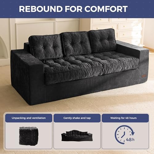 MAXYOYO Bean Bag Chair for Adults, Upholstered Floor Sofa with Armrests, Loveseat Boneless Couch with Tufted Cushion &amp; Backrest, Sofa in A Box, Large Bean Bag Couch for Bedroom Living Room, Black