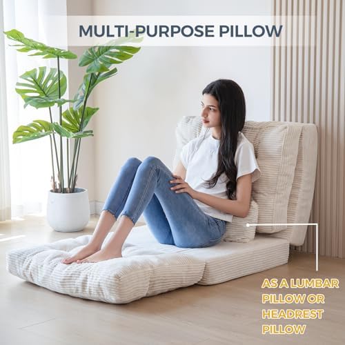 MAXYOYO Bean Bag Bed Tufted Folding Sofa Bed with Pillows, Extra Thick and Long Floor Mattress for Adults, Single Couch Bed for Bedroom Living Room, Beige, 30x91 Inch