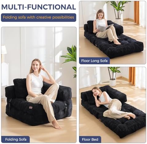 MAXYOYO Folding Sofa Bed, L-Shaped Convertible Sofa Bed with Armrest Foldable Sleeper Sofa with Pillow, Portable Fold Out Chair Bed Comfy Floor Lounge for Living Room Bedroom, Dark Grey