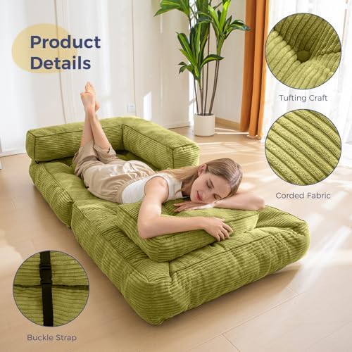 MAXYOYO Folding Sofa Bed, L-Shaped Convertible Sofa Bed with Armrest Foldable Sleeper Sofa with Pillow, Portable Fold Out Chair Bed Comfy Floor Lounge for Living Room Bedroom, Dark Grey