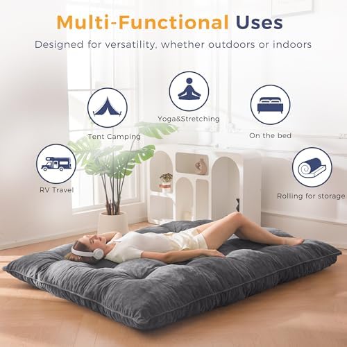 MAXYOYO Japanese Floor Mattress Full Size, 6" Foldable Futon Mattress Tufted Roll Up Floor Bed, Thick Chenille Tatami Mat Sleeping Pad for Camping Guest Room Dormitory Bedroom RV, Navy