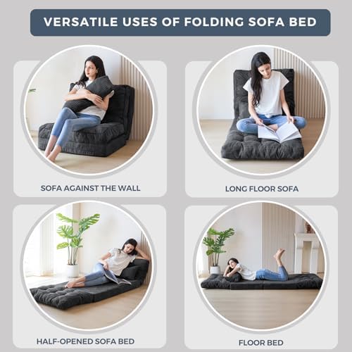 MAXYOYO Bean Bag Bed Tufted Folding Sofa Bed with Pillows, Extra Thick and Long Floor Mattress for Adults, Single Couch Bed for Bedroom Living Room, Beige, 30x91 Inch