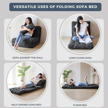 MAXYOYO Bean Bag Bed Tufted Folding Sofa Bed with Pillows, Extra Thick and Long Floor Mattress for Adults, Single Couch Bed for Bedroom Living Room, Beige, 30x91 Inch